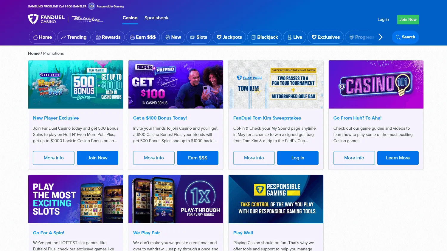 FanDuel Casino desktop promotions area with casino offers and rewards