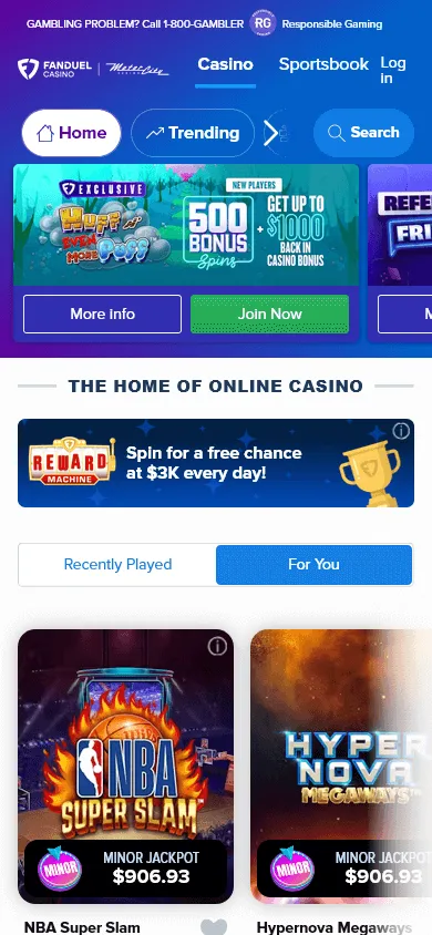 FanDuel Casino mobile app home screen with casino access and account features