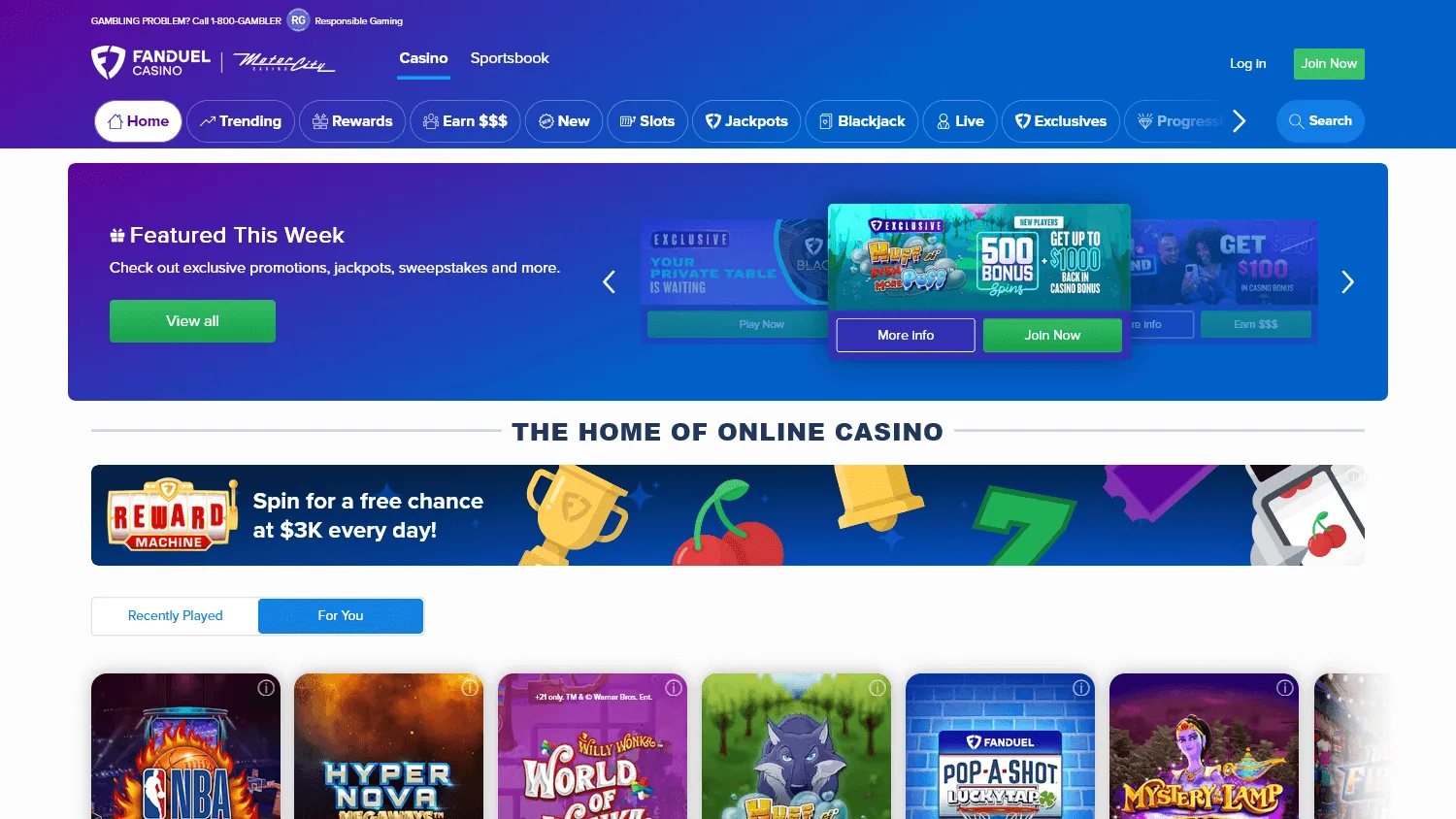 FanDuel Casino desktop games catalogue with casino categories and titles
